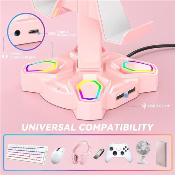 RGB Headphone Stand with 9 Light Modes - Rotatable Pink Game Headset Holder - Picture 6 of 6